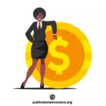 Mujer de negocios con una enorme moneda de un dólar